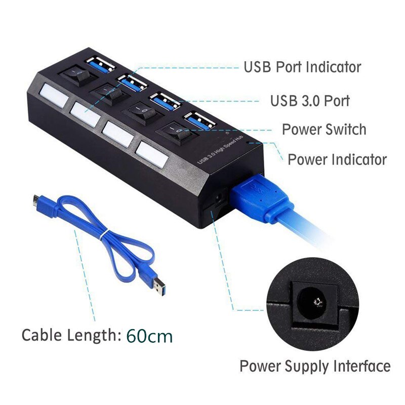 USB HUB 3.0 2.0 Multi 4 7 USB Port Switch With Power Adapter Computer PC Laptop Notebook Accessories Splitter Usb Multiple Hab