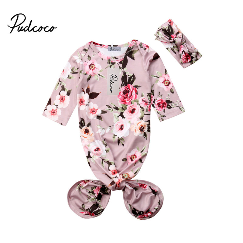 Pudcoco nyfødt baby pige blomster sovende nattøj & kapper swaddle + pandebånd baby søvn slid