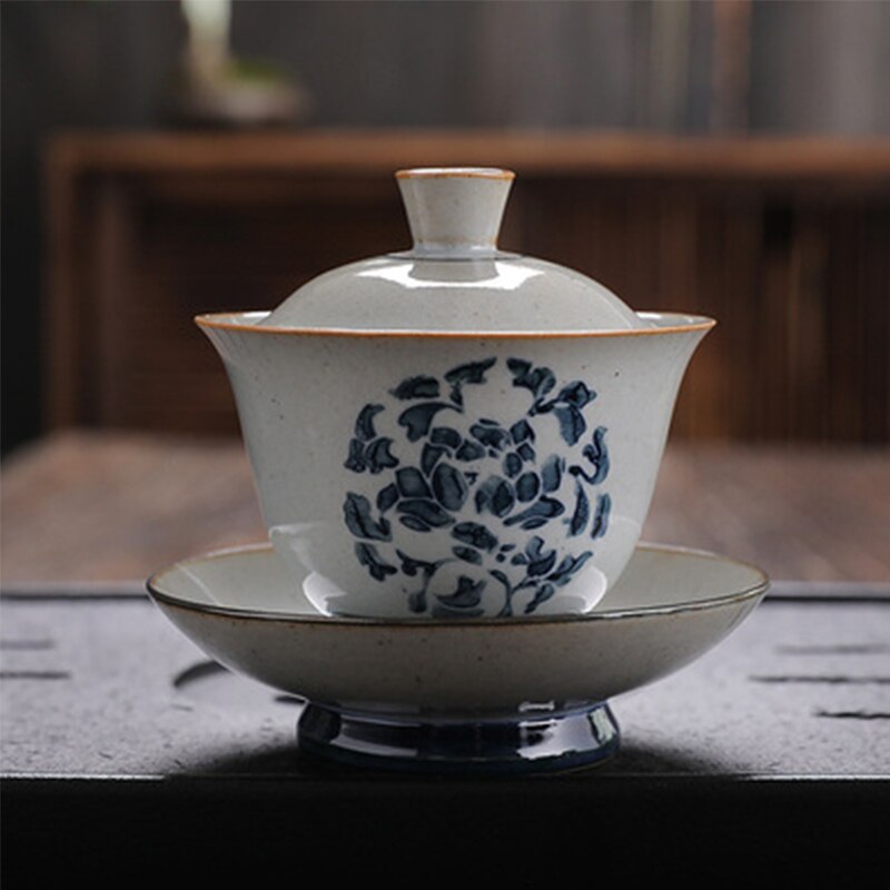Retro Jingdezhen Hand-painted Tea Set Bowl China Kung Fu Tea Set Thick Pottery Bowl Ceramic Blue and White Tea Bowl Tea Set