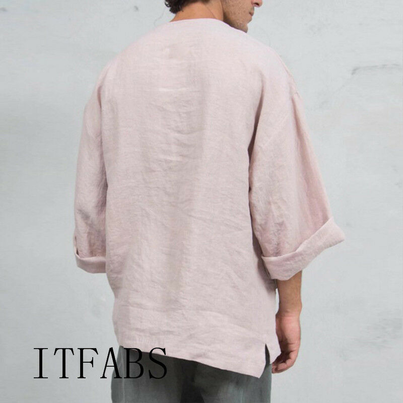 Hommes à manches longues chemise en lin lâche été décontracté col en v dessus de chemise M-3XL Tee-Shirt ethnique lâche grande taille couleur unie chemises