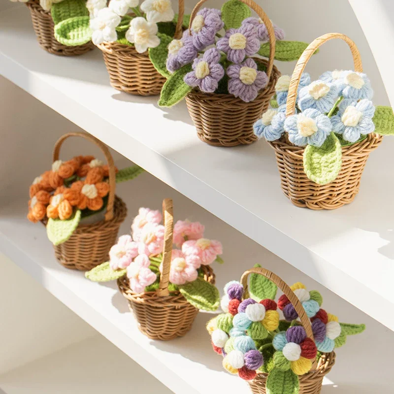 knitted Flower Potted Crochet Flowers Cute Hand Woven Plant Finished Woven Flowers Office Home Decor