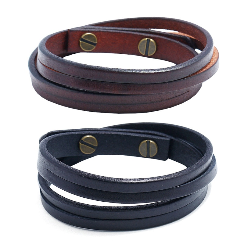 Simple Double-deck Leather Bracelets&Bangles For Men Punk brown/Black Wristband Cuff Jewelry boy