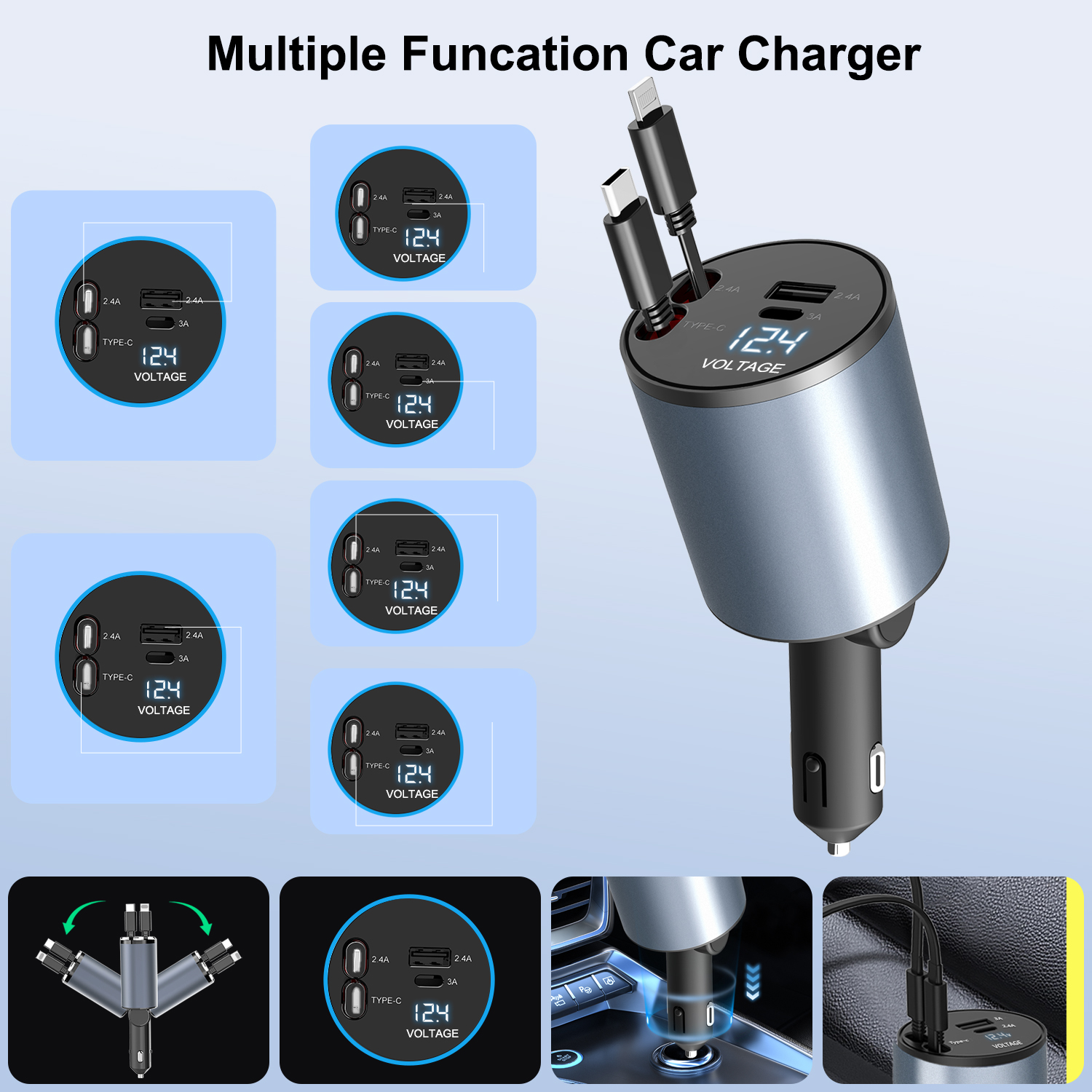 2024 Intrekbare autolader 4in1 Snelle autotelefoonoplader 100 W Intrekbare kabels 2 USB-poorten Autolader voor alle smartphones