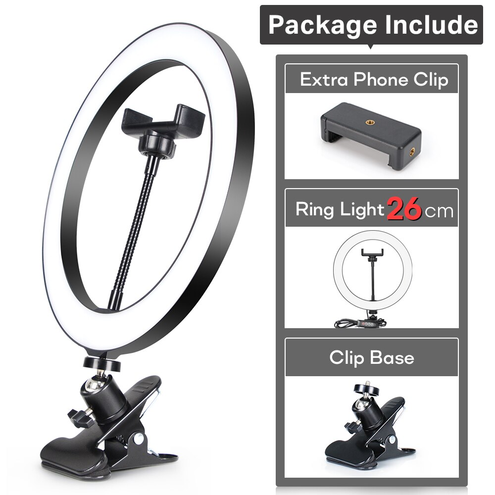 Anneau lumière photographie éclairage lampe à LED avec trépied pour support de téléphone portable accessoires de support avec pince pour Photo Selfie vidéo: 26cmLight- Clip Base