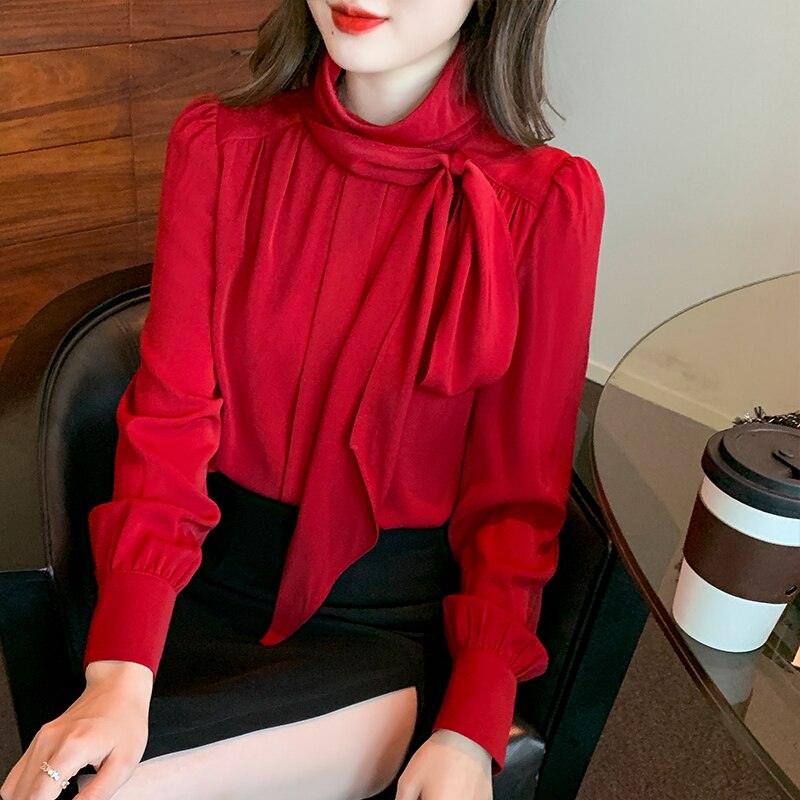 Zijden Sjaal Chiffon Shirt Vrouwen Solid White Ontworpen Office Dames Losse Blouse Vrouw Tops Blusas Mujer Lente 2022: Rood / L