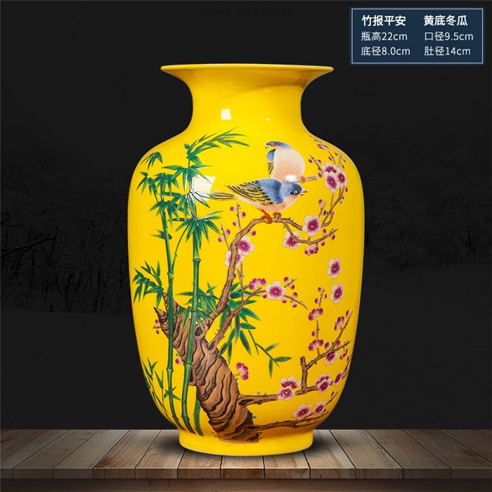 Jingdezhen ceramic yellow vase decoration Chinese classical living room TV cabinet home decoration flower arranging vase: g