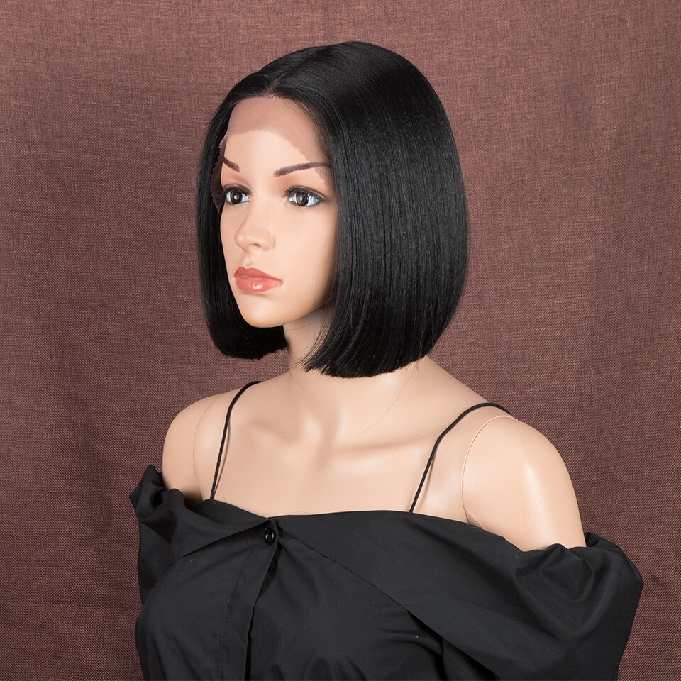 Magic 11inches Black Bob Wig Middle Part Synthetic Front Lace Wig For Black Women High Temperature Heat Resistant Fiber Hair