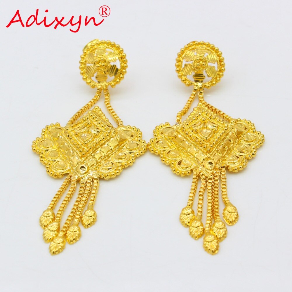 Adixyn Quadrilateral Shape India Necklace/Pendant/Earrings Jewelry Set For Women Gold Color African Party free box N12174