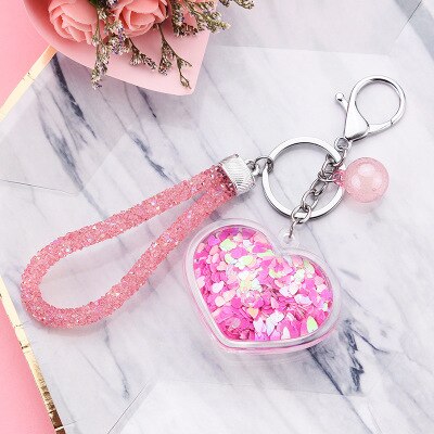 Novo estilo criativo acrílico coração chaveiro móvel sequin pacote de areia movediça acessórios automóvel pendurado ornamento: Rose red