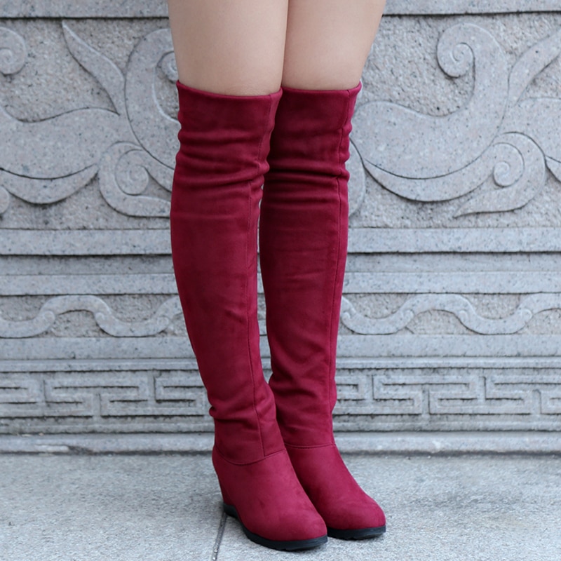Mode Vrouwelijke Winter Aututmn Dij Hoge Laarzen Rubber Platform Hoge Hakken Vrouwen Over De Knie Schoenen Plus Size 34-43