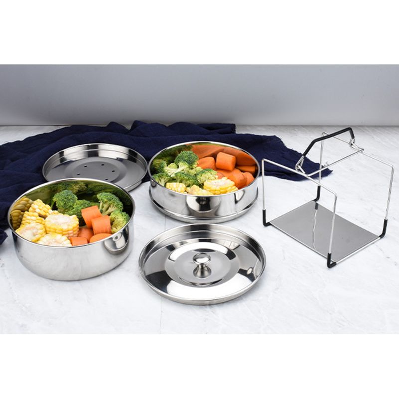 Stainless Steel Dual Layer 2 Lid Stackable Steamer with Handheld Clamping Frame 27RE