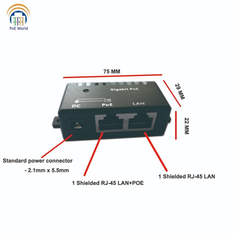 Poe world gigabit passiv poe injektor poe splitter vægmontering netværk poe patch panel med 2.1*5.5mm dc stik