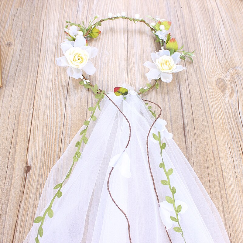 Bridal Wedding Tule Sluier Womens Rainbow Kunstbloemen Crown Lange Wijnstok Lint Hoofdband Haar Krans