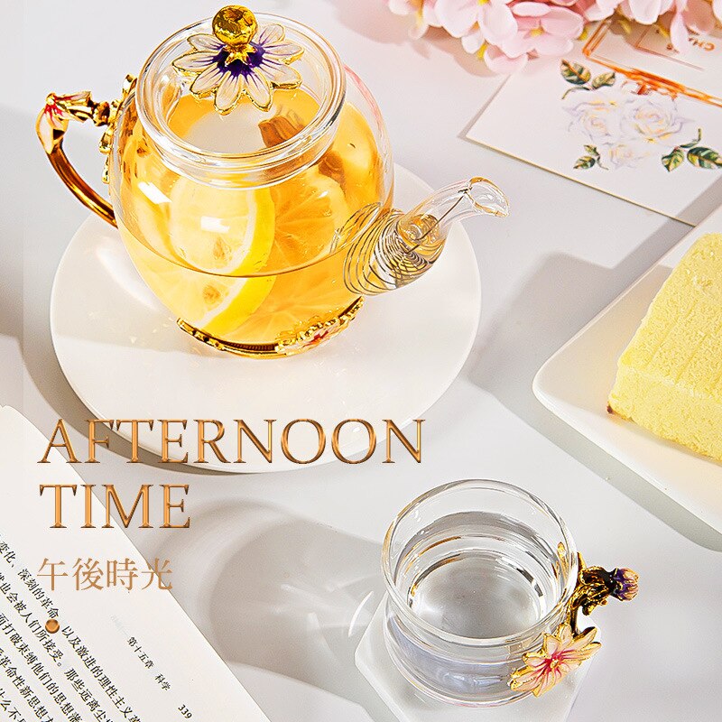 Beautiful Enamel Crystal Tea set daisy Glass Teapot for and Cold Drinks Home Drinkware Office kettle Teaware set coffee pot