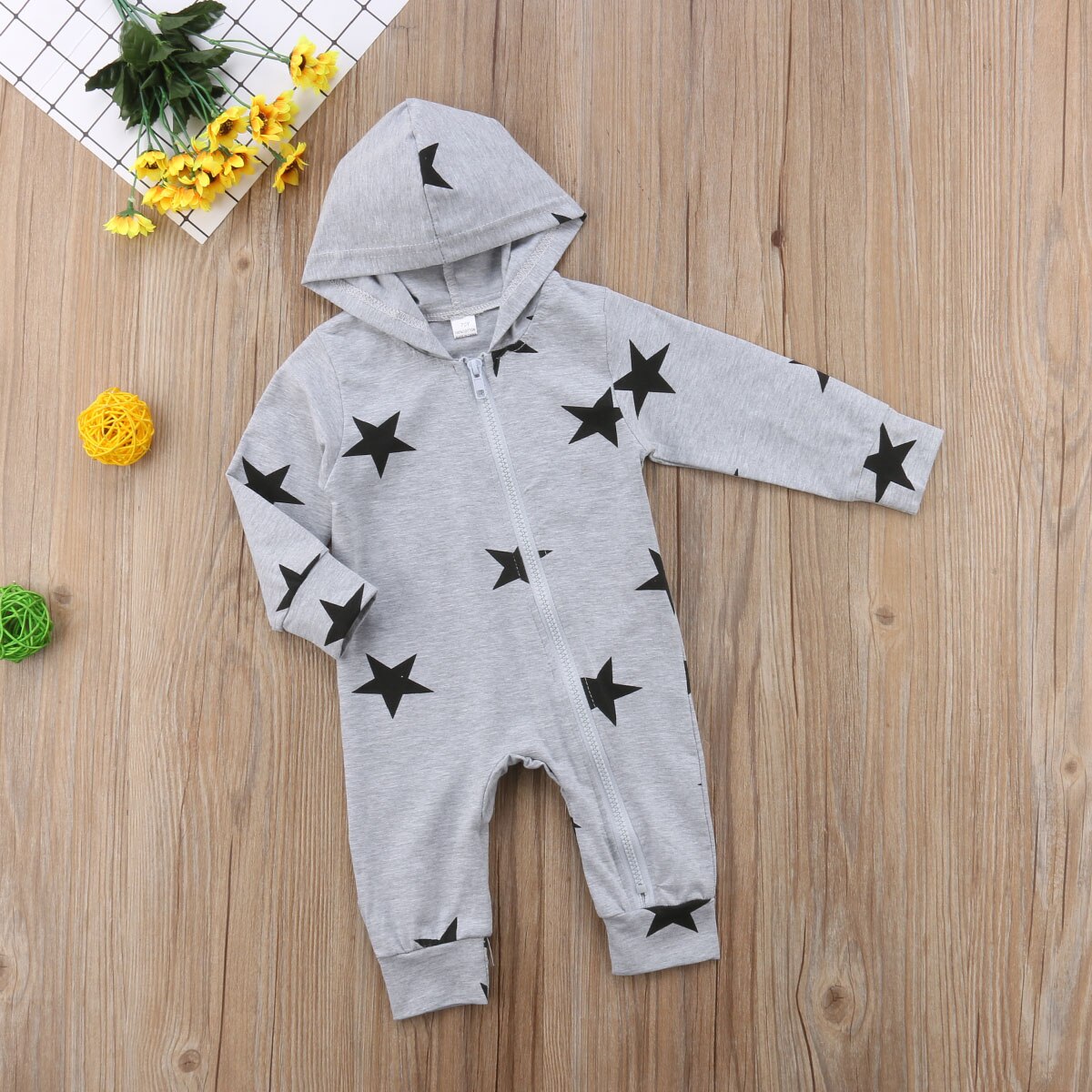 Pelele de manga larga para bebés recién nacidos, mono con capucha con cremallera y estampado de estrellas, trajes cálidos de otoño, ropa informal de una pieza