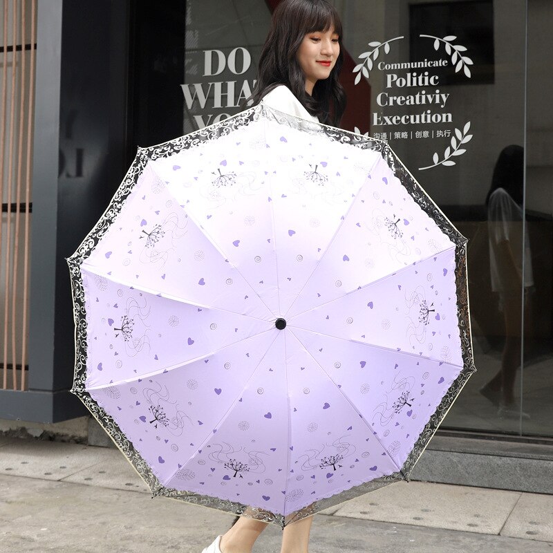 Fashionable Lady Parasol with Lace Trim Folding UV Protection Sun Umbrella