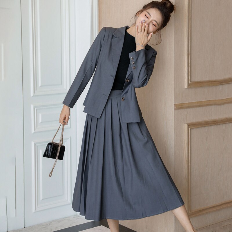 Koreanske kvinner plisséskjørt+blazer todelt dress business dame arbeidsskjørt kvinnedresser enkeltspent dress: Grå / Xl