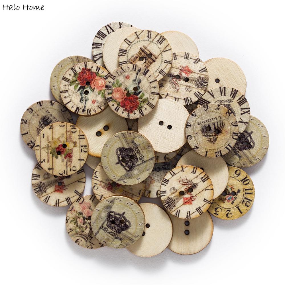 50pcs Building Clock Mixed Round Wood Buttons Handmade Sewing Scrapbook Clothing Crafts Accessories Card DIY Decor 15-25mm