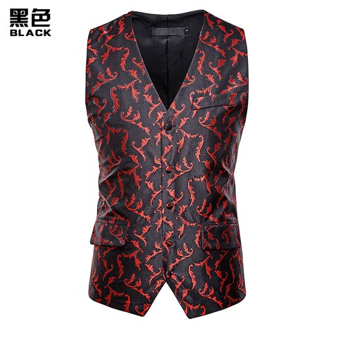 Boutique rood bloemen heren pak vest dubbele zakken v-hals heren glitter vesten bruiloft feest gala gilet chaleco hombre 2xl: Zwart / Xxl