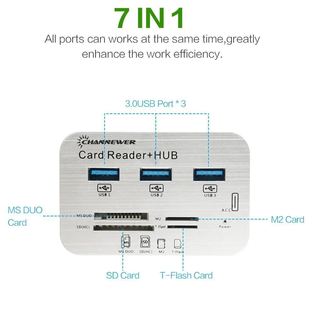7 in 1 USB 3.0 geheugenkaartlezer Hoge snelheid externe lezer voor SD SDHC SDXC Micro SD TF MS M2-kaarten