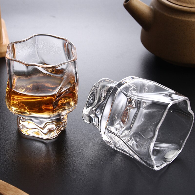 2Pcs Japanese Style Origami Shape Glass Cup Transparent Frosted Whiskey Glass Espresso Cup Shot Glass Home Tea Cup 60ml