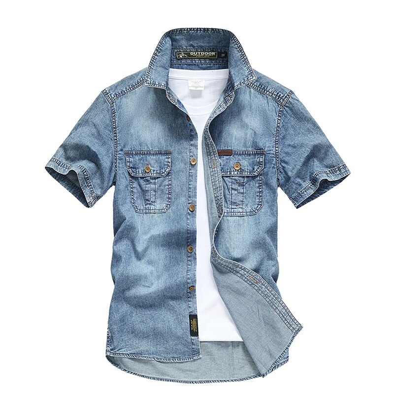 Uaicestar Zomer 100% Katoen Denim Korte Mouwen Heren Casual Slim Shirts Mannen shirts: Blue / Xxxl
