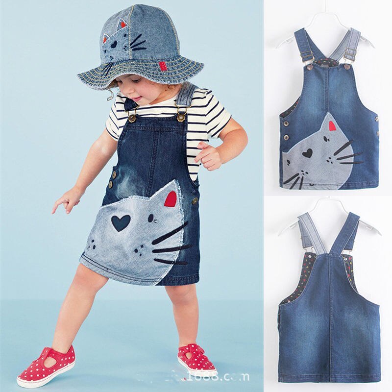 1pc baby piger tøj søde små børn børn kat denim overalls kjoler seler nederdel tøj 2-7y