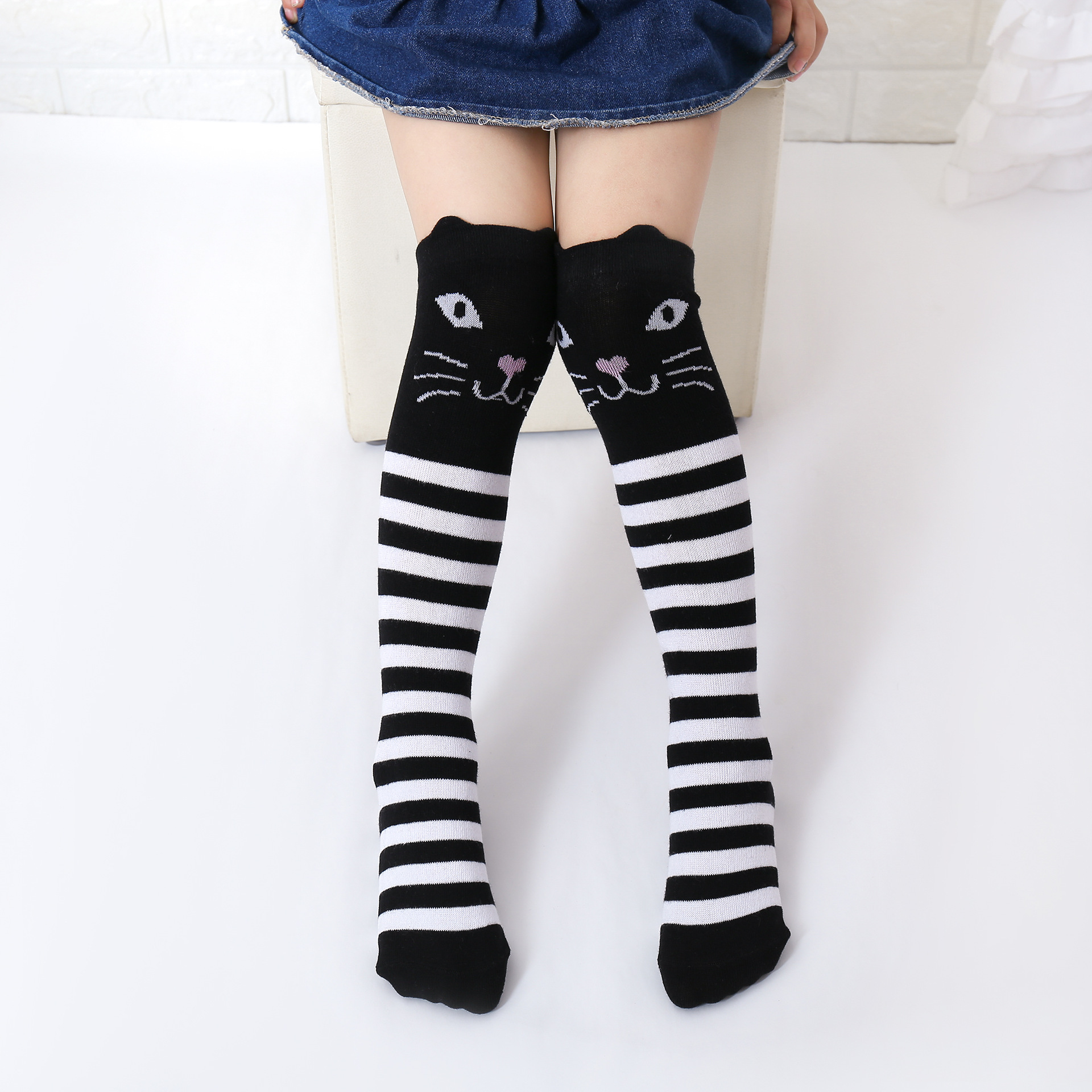 Baby ting tilbehør spædbørn børn baby piger drenge strømpe tegneserie dyr lang leggingsvarmer 3d ører strømpehus til 3-12t: Stribet kat