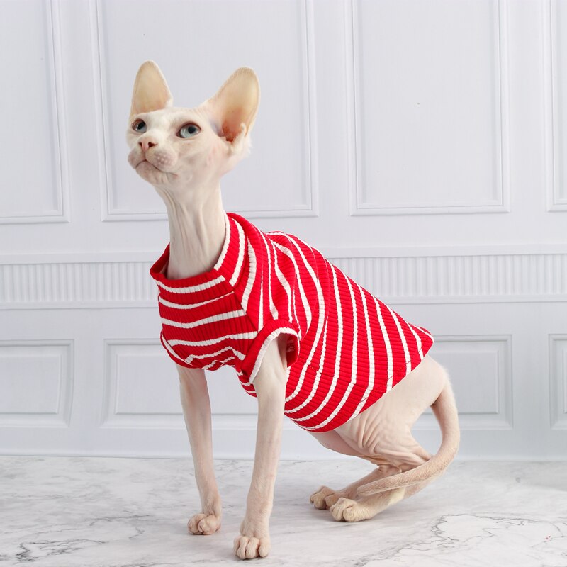 Kattgenser katteklær davins finker bomull tweed stripet vest tynn liten hundeklær elastiske strikkeklær: Rød uten erme / Xl