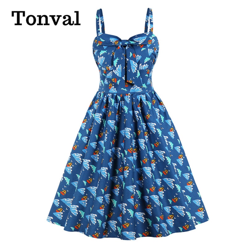 Tonval flerfarvet print sløjfe foran 50s vintage højtaljede plisserede kjoler til kvinder spaghetti rem fest pinup kjole