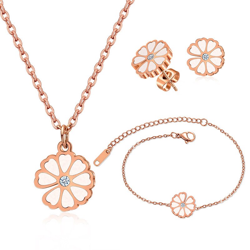 BICUX Stainless Steel White Shell Flower Jewelry Sets For Women Luxury Earrings/Necklace/Bracelet 2022: 028