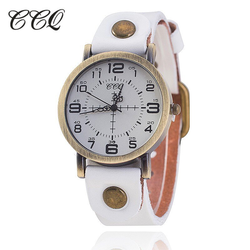 Ccq vintage ko læder armbåndsur kvinder armbåndsure afslappet luksus kvarts ur relogio feminino: Hvid