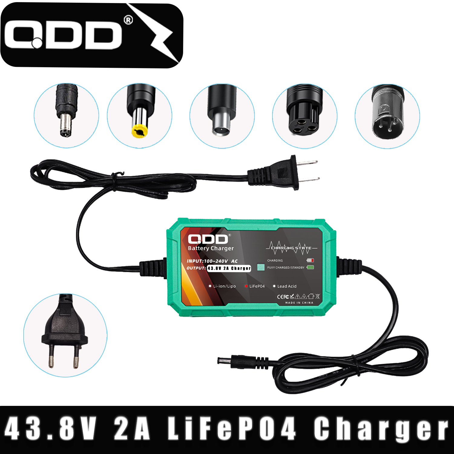 43.8V 2A LiFePO4 Battery Charger for 12S 38.4V Battery Pack LiFePO4 Battery Charger with Multiple Connectors