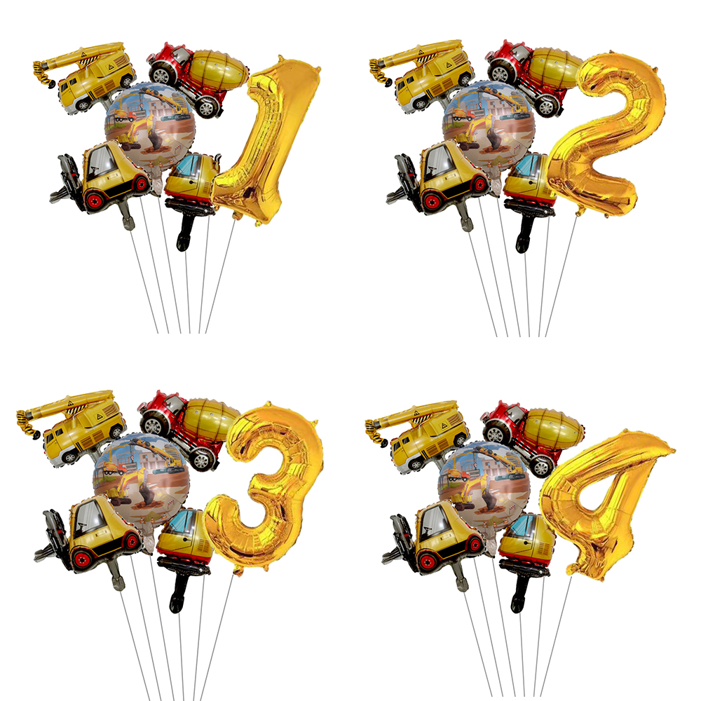 6pcs Mini Carton Vehicle Balloon with 32inch Gold Number Balloon Set for Boy's Construction Themed Birthday Party Decorations