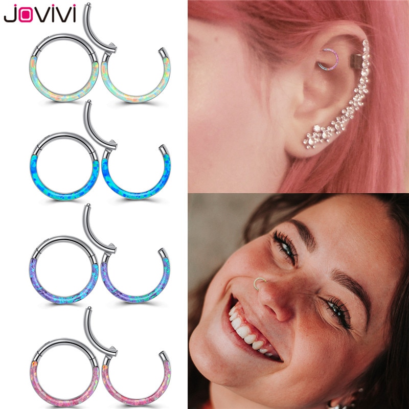 Jovivi Rvs 16G Twist Scharnierende Clicker Neus Septum Ring Synthetische Opal Hoop Wenkbrauw Lip Oor Ringen Body Piercing sieraden