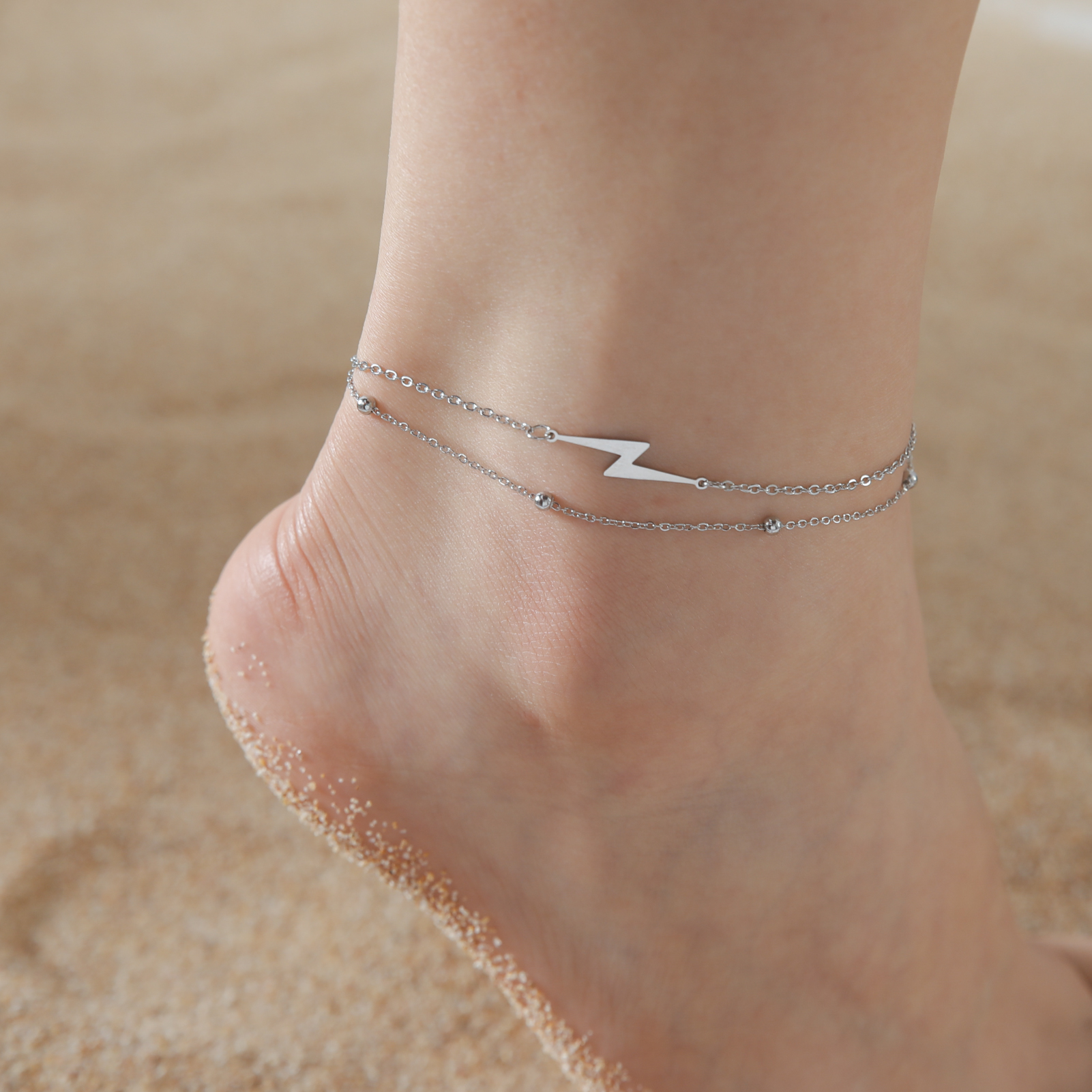 Cazador Animal Cat Dog Paw Anklets for Women Stainless Steel Double Layer Beads Foot Bracelet on the Leg Summer beach Jewelry: Rhodium Plated