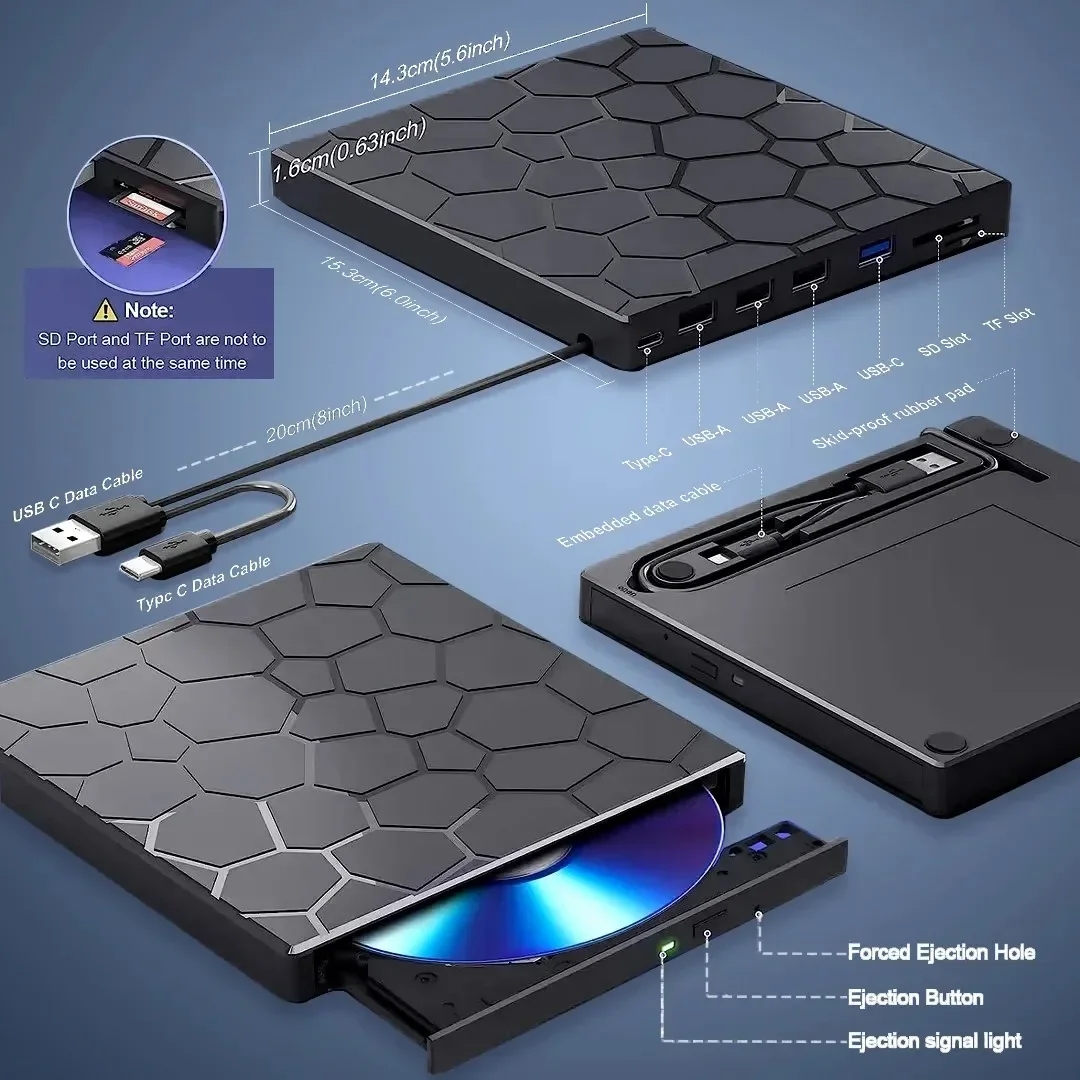 Portable CD Players 7 in 1 External CD RW DVD Optical Drives USB 3.0 Type C DVD Burner Reader for PC Desktop Mac Windows Linux