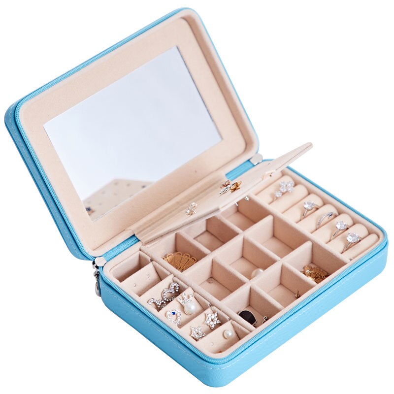 Joyero de viaje, organizador de cosméticos, joyero, caja de almacenamiento de pintalabios y maquillaje, contenedor de belleza, collar, de cumpleaños: Blue with Mirror