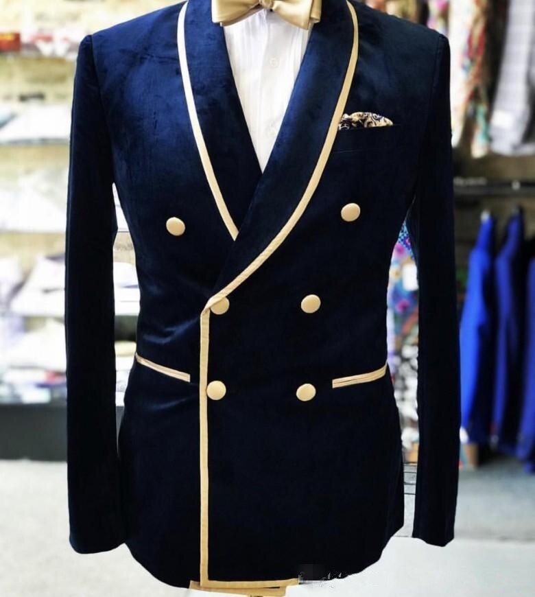 Donkerblauw Fluwelen Real Photo Dubbele-Breasted Shawl Revers Bruiloft Bruidegom Smoking Mannen Party Blazer Prom Pakken One jas: As the image / XS