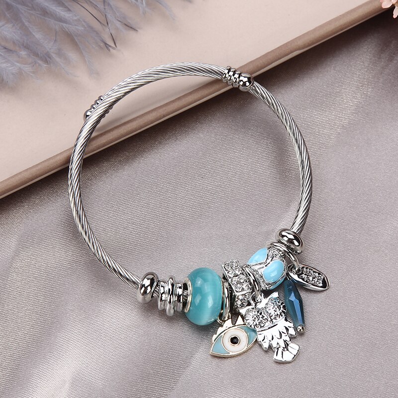 Roestvrijstalen armbanden voor dames sieraden kristal kralen bedels armband bloem dieren hanger armband meisjes: O