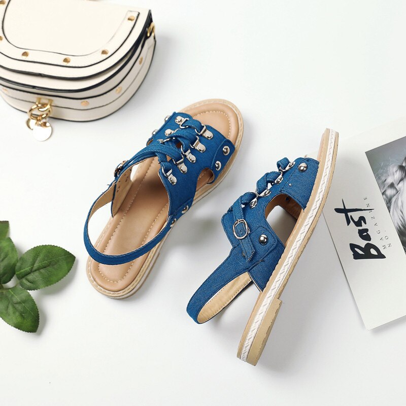 Timetang denim gladiator sandaler kvinder flade sandaler dame platform sandaler sommer sko kvinde sandaler femmese 402