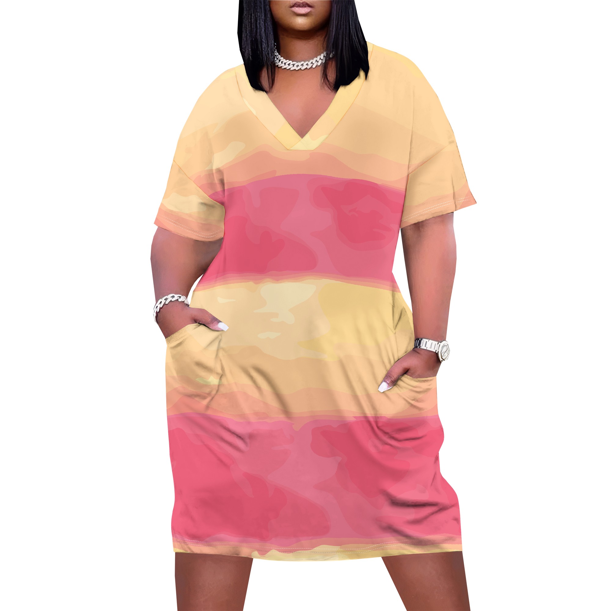 Zomerjurk in grote maten voor vrouwen met rondingen, casual jurk met zonnebloemprint, v-hals, korte mouwen, hawaïaanse boho strandjurk