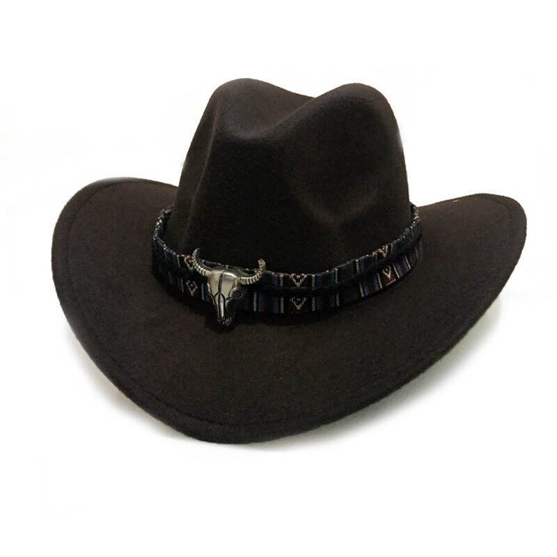 Mode Mannen Vrouwen Western Cowboy Hoed Met Koe Hoofd Band Brede Rand Hoed Pop Jazz Hoed Winter Wol Hoed Maat 56-58Cm: HT3412BR