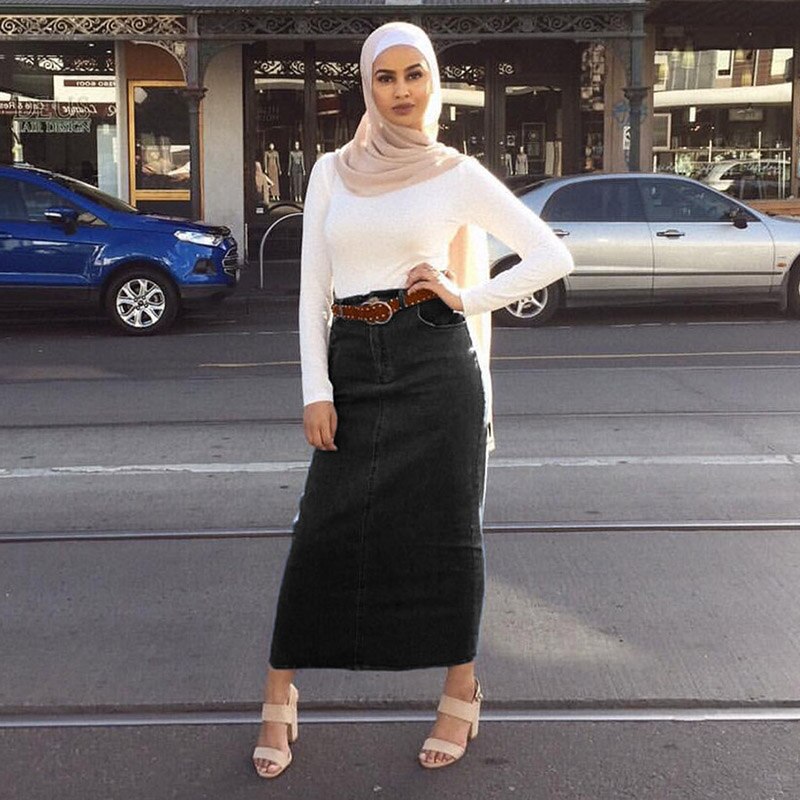 Arabic stretch denim bag hip skirt skirt Muslim women bottoms Turkish vacation shopping casual women skirt Islamic clothing