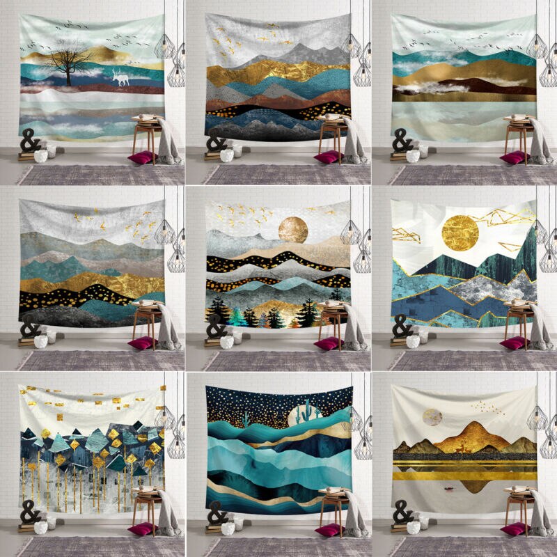 Art Deco Sun Moon Mountain Tapestry Forest Psychedelic Sun Moon Tree Mountain Tapestry Nordic Style Wall Hanging Room Home Decor