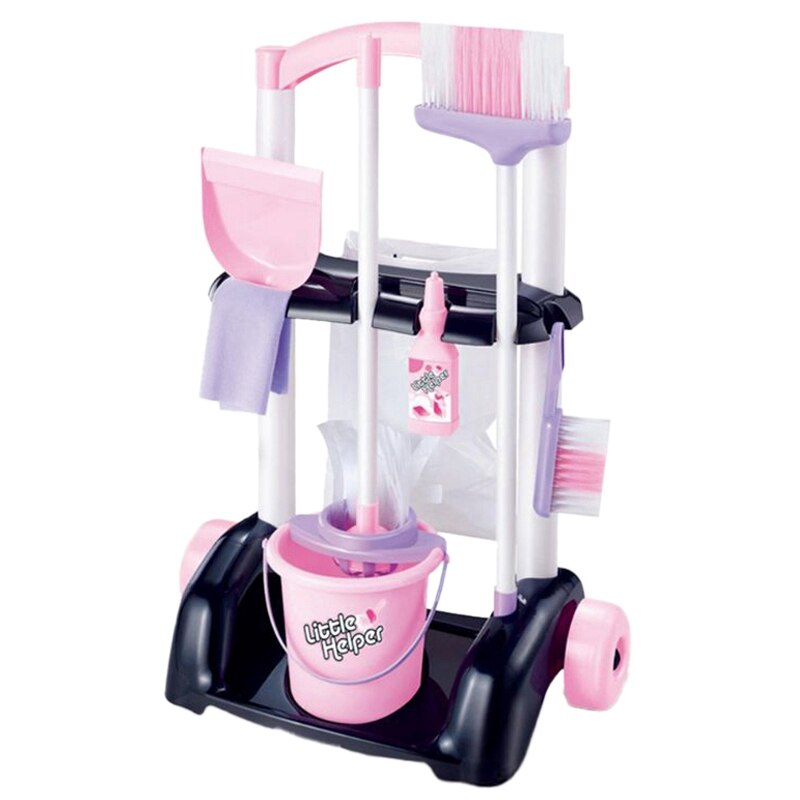 Kids Cleaning Trolley Toy Pretend Play Toy House Cleaning Cart Tools Girls Cleaning Playset Trolley with Mop and Brush: Default Title