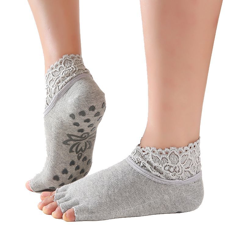 1 pair Women Yoga Five Toe Anti-Slip Ankle Grip Socks Dots Pilates Fitness Gym Socks Ladies Sports Socks With Lace: A Gray