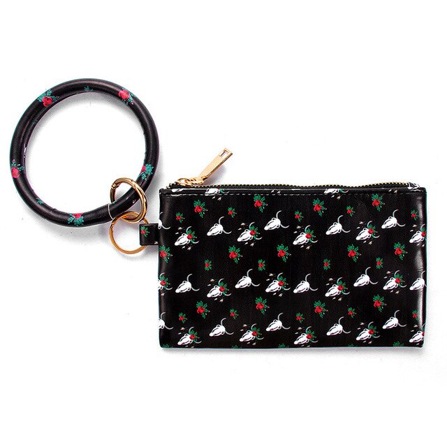 Multi-purpose Pu Leather Flower Leopard Printed Phone Wallet O Key Rings Women Wristlet Bracelets Key Chain: G