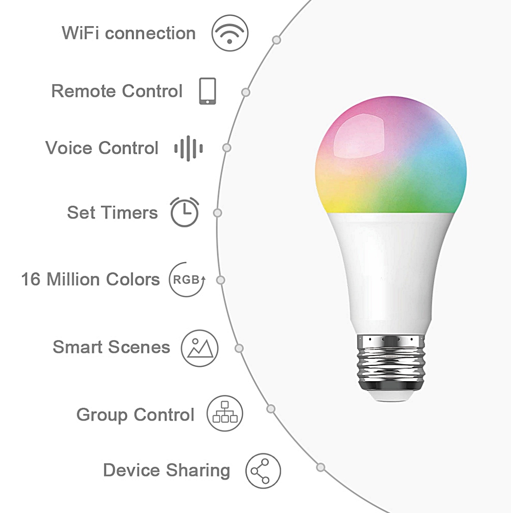 Smart WiFi LED Light Bulb 800Lm E26/27 RGB Colors Dimmable APP Remote Control Home Night Lamp Work with Alexa Google Assistant