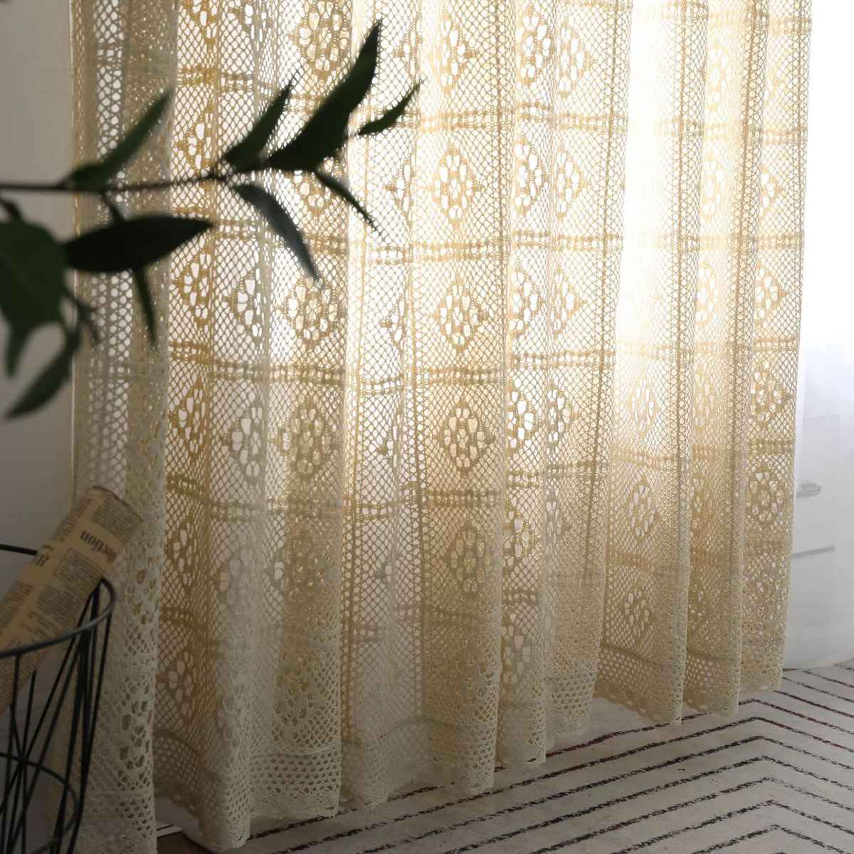 Moderne ajouré dentelle rideaux pour salon Beige/blanc tricot évider fenêtre rideaux pour balcon peut être nappe